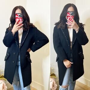 Coach 1941 Black Wool Mohair Studded Pearl Embellishment Pea Coat Jacket US 0